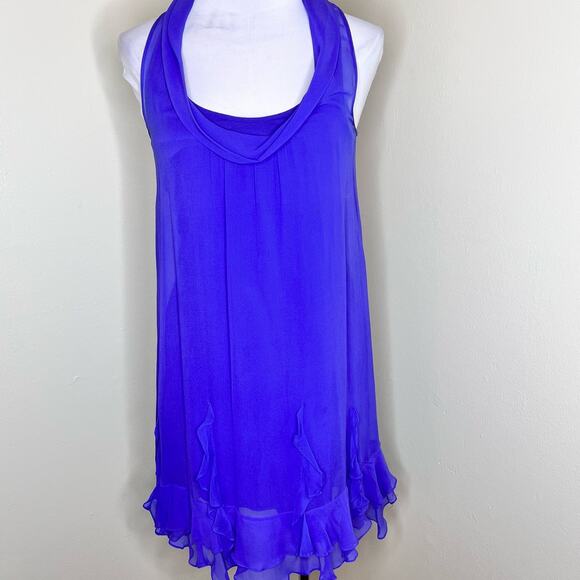 Ella Moss Silk Dress Medium Purple Cowl Neck Cascading Ruffle Racerback Chiffon - Picture 1 of 10